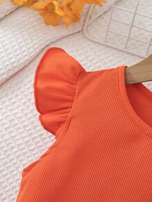 SHEIN Elladie kids 女童2件套：桃紅色針織圓領短袖套頭上衣搭配桃紅色花卉3D蝴蝶結短裙，適合日常出遊與玩耍，適用4-7歲女童，春/夏 - 橘色 - 查看 4