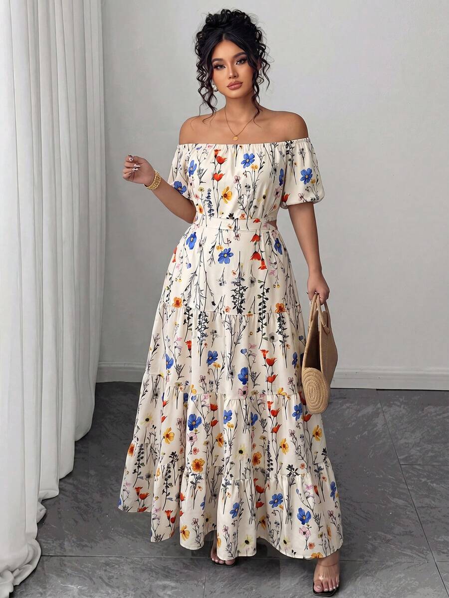 Elenzga Boho Plus Size Long Dress Apricot Random Print Off Shoulder A Line Flared Hem Shirred Puff Sleeve For Women - Apricot - View 1