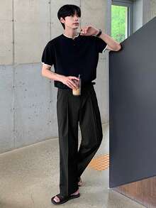DAZY Long Striped Pleated Design Men's Pants Fall - Black - View 5