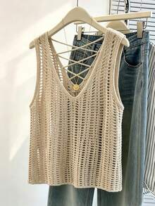 Franclia Women's Solid Color Hollow Out Backless Knit Fashion Vest Tank Top - Khaki - View 8