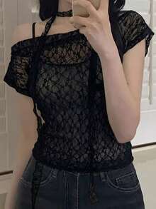 DAZY Spring Summer Valentine's Day Wedding Casual Vacation Style Beach Lace Cover-Up Semi-Transparent Mesh Fitted Women's Top - Black - View 1