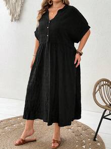 SHEIN CURVE+ 大尺碼女款紋理鈕扣半開襟休閒洋裝 - 黑色 - 查看 3