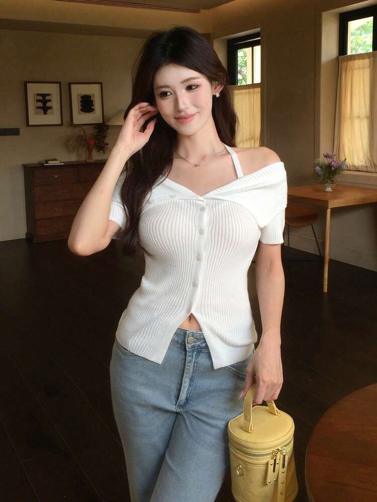 Women's Solid Color Casual Spring/Summer Korean Style Short Sleeve Off-Shoulder Knit Top