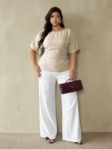 Auralis Plus Size Women's Summer Casual Eleganza Traditional Solid Color Waist-Cinched Top Elegant Office Formal Bussines Teacher Work Beige Teachers' Day - Apricot - View 5