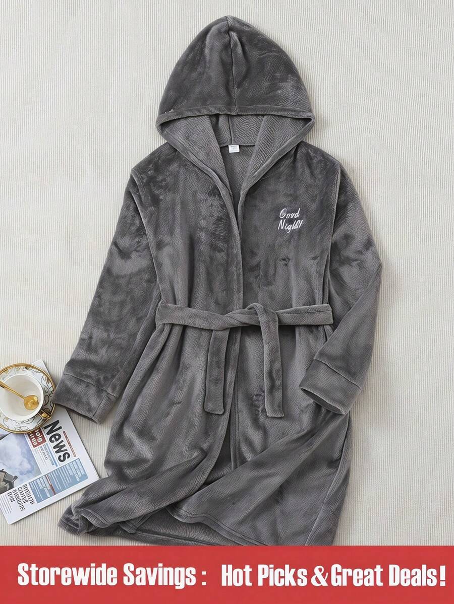 SHEIN 男童灰色字母刺绣阻燃长袖连帽羊毛浴袍家居服 - 深灰色 - 查看 1