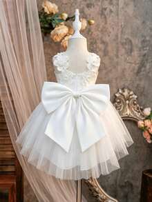 Glamorique Kids 女婴白色正式礼服，柔软薄纱面料，缎面紧身胸衣饰有3D立体花朵，背部饰有超大蝴蝶结，前短后长拖尾，适合婚礼、生日派对、选美比赛、毕业典礼、舞会、暑假等场合。 - 米色 - 查看 3
