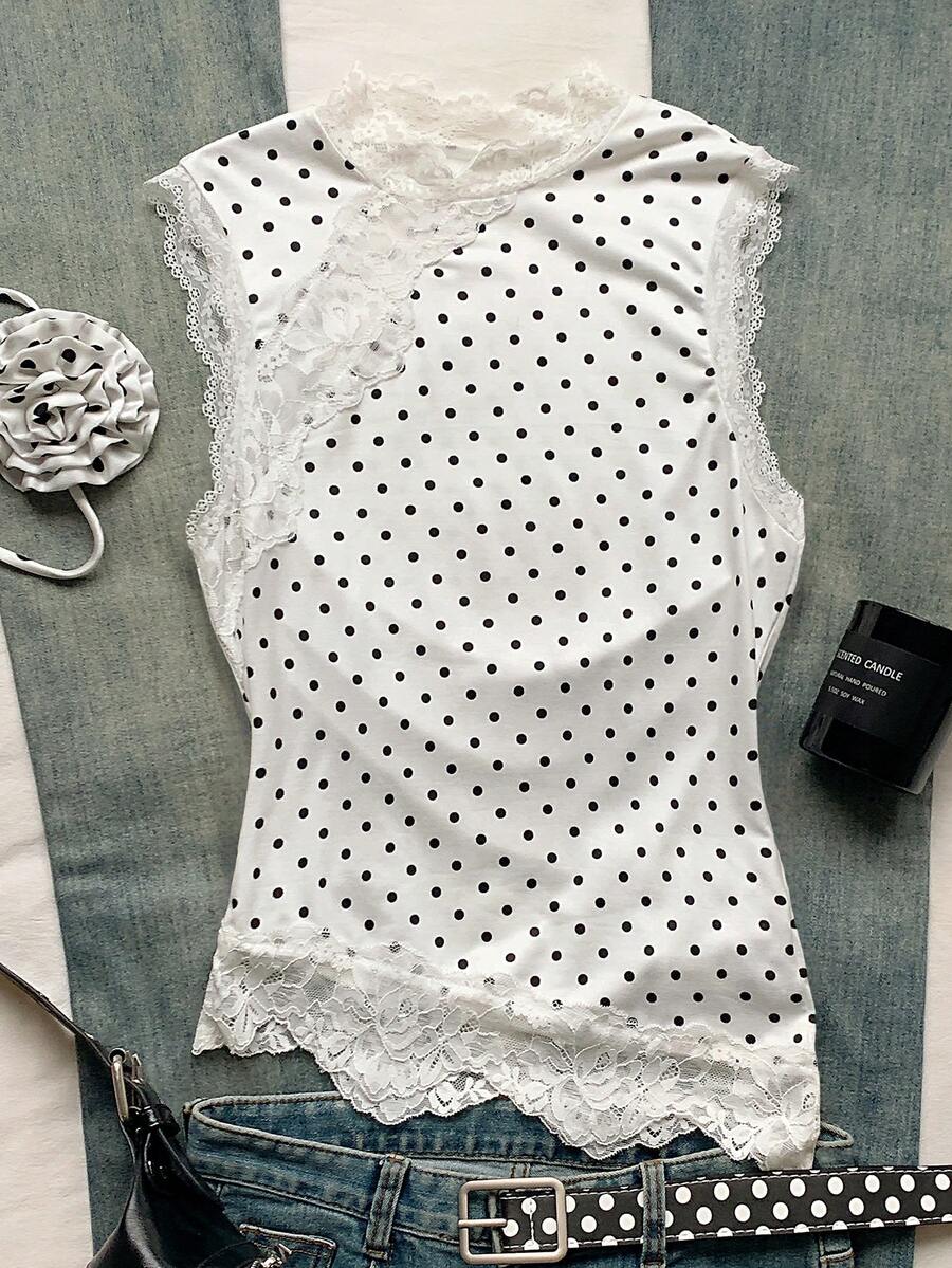 Comfortcana Tank Top Wanita Kasual Musim Panas dengan Motif Polkadot dan Renda Patchwork - Putih - View 1