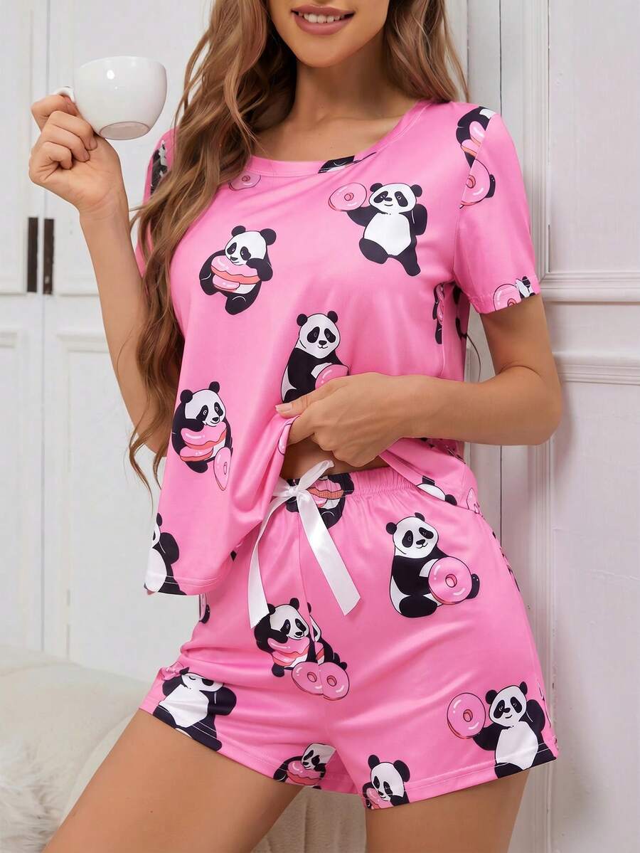 SHEIN 標準尺寸熊貓甜甜圈圖案圓領女款睡衣套裝 - 彩色 - 查看 1