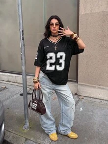 SHEIN EZwear Áo thun nữ hở vai in chữ lưới tương phản - màu đen - Xem 5