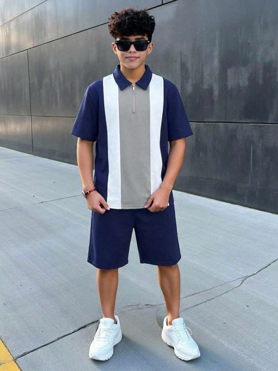 SHEIN 2pcs/Set Teen Boy Casual Collegiate Color Block Polo Shirt & Shorts Set, Suitable For Commuting, - Navy Blue - View 1
