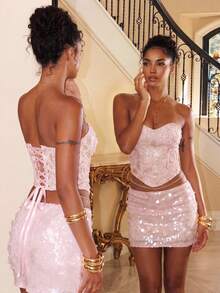 Aloruh Women's Pink Sequin Strapless Crop Top, Sparkly Glitter Tube Top, Sexy Tie-Up Backless Bandeau, Y2K Coquette Glam Style, Night Out Clubwear Concert Birthday Party, Date Vacation Music Festival, Summer Going Out Top - Pink - View 1