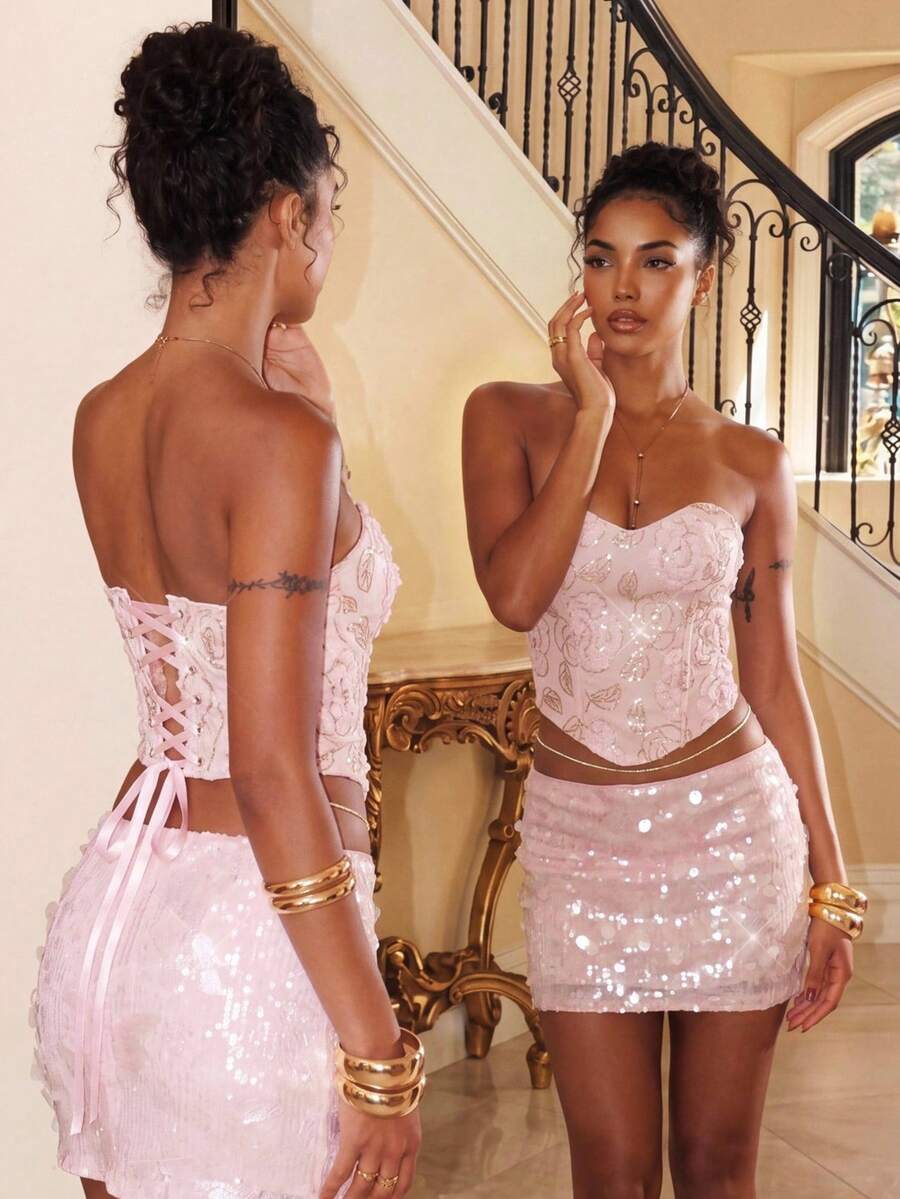 Aloruh Women's Pink Sequin Strapless Crop Top, Sparkly Glitter Tube Top, Sexy Tie-Up Backless Bandeau, Y2K Coquette Glam Style, Night Out Clubwear Concert Birthday Party, Date Vacation Music Festival, Summer Going Out Top - Pink - View 1