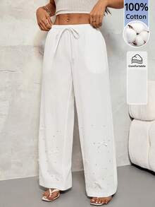 SHEIN PETITE Women's Casual Solid Color Beaded Bow Decor Pants ,Petite Women - White - View 3