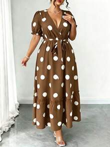 Vestido elegante de mujer con cuello en V, manga de pétalo con lunares y cintura con lazo, primavera/verano - Multicolor - Ver 4