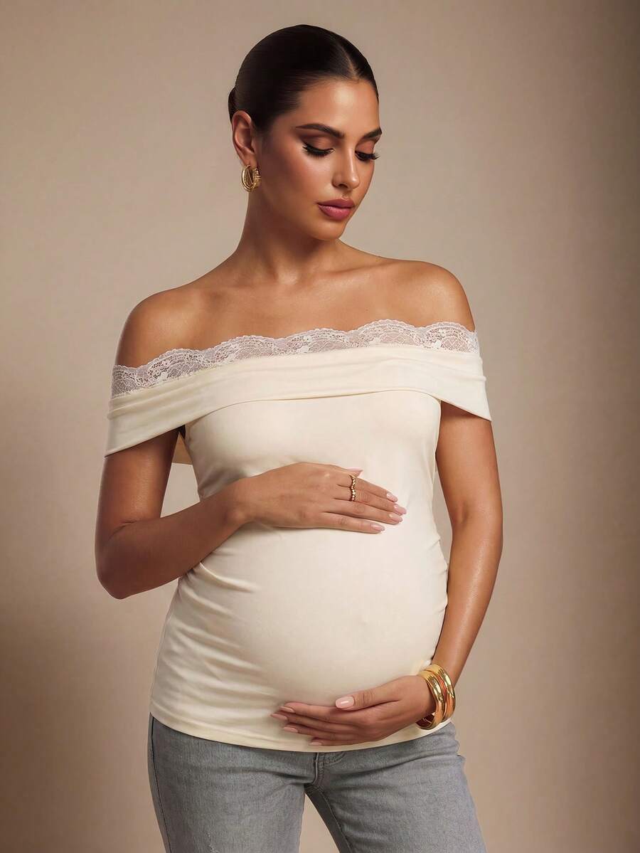 MaterniChic Summer Elegant Maternity Baby Shower Pregnant, Apricot Slim-Fit Off-Shoulder T-Shirt With Contrast Lace Design For Fashionable Photoshoot - Yellow - View 1