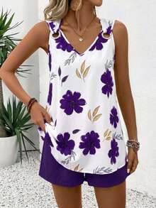 EMERY ROSE V-Neck Sleeveless Casual Minimalist Striped Women's 2 Pieces Set - Purple - View 6