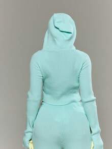 MUSERA Knitted Cropped Hooded Top Long Sleeve Graphic Printed Spring Summer Holiday Vacation Ibiza Festival Psyche - Baby Blue - View 4