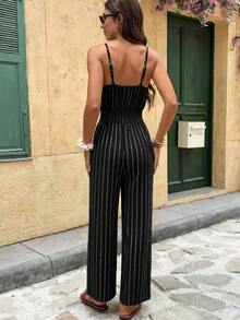 SHEIN Frenchy 女款夏季條紋流蘇細節吊帶連身褲 - 黑色 - 查看 2