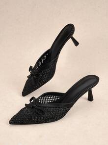 Rosivie Damenschuhe Neue spitze Stilettos mit schwarzer Schleife, gewebter Stoff, Damen High Heels Schuhe, einfache Mode vielseitige französische Damenschuhe - Schwarz - Übersicht 6