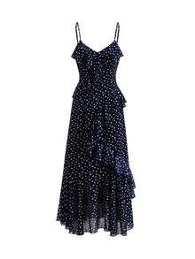 Ellevyn Đầm lãng mạn voan chiffon chấm bi hình tim đính ngọc trai bèo nhún - Màu xanh hải quân - Xem 7