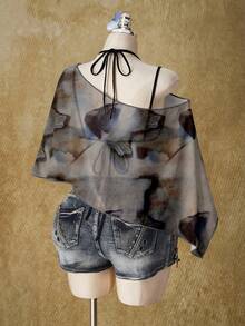 SHEIN ICON Plus Size Women's Tie Dye Print Asymmetrical Shoulder Loose Fashion Top - Multicolor - View 2