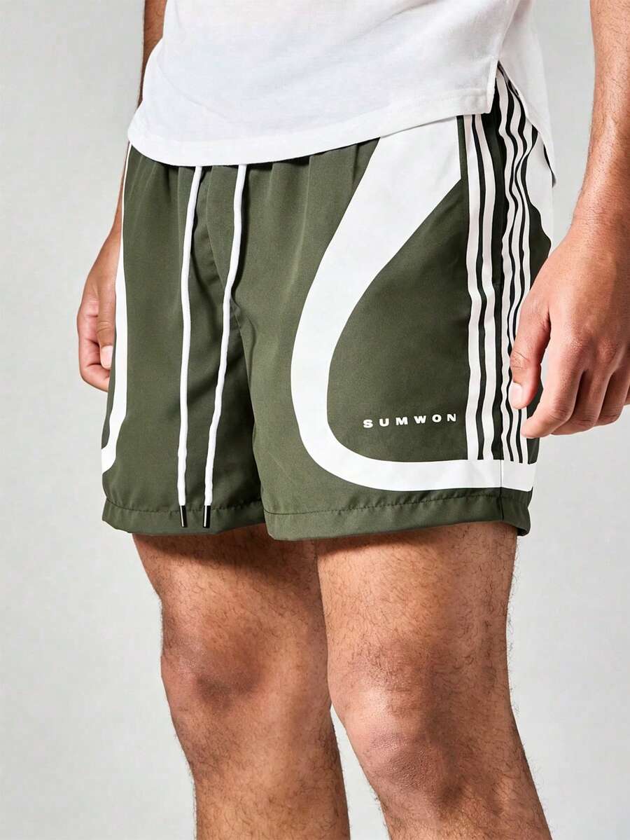 SUMWON Graphic Print Drawstring Shorts With Wavy Side Stripe And Color Block Panel Detail For Summer - Army Green - View 1