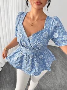 Elenzga Blusa Elegante de Mangas Bufantes com Gola Quadrada, Textura Jacquard, Cintura Franzida e Bainha com Babado, Adequada para Encontros e Uso Diário, Plus Size - Azul - Visão 8