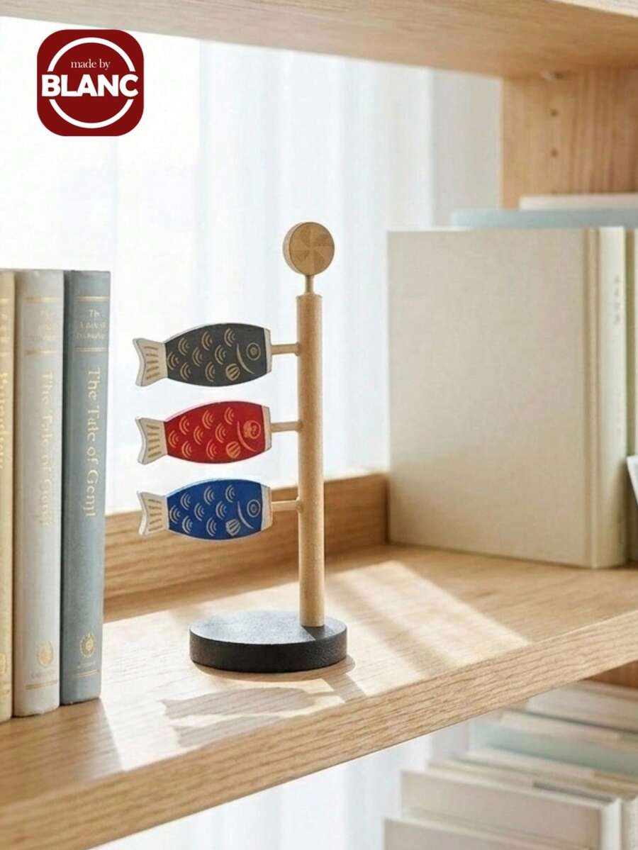 Madebyblanc 1Pc/2Pcs Japanese Style Wooden Mini Carp Streamer Ornament, Three-Color Fish Flag Desktop Small Ornament, Fish-Shaped Decorative Ornament For Cross-Border - multicolor - View 1