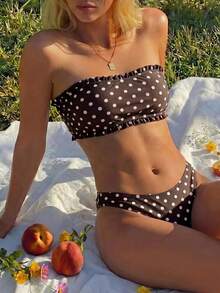 Swim Mod Women's Pink Plaid Cute Girl Ruffle Tie-Up Bandeau Bikini Set - Brown - View 1