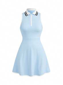 SHEIN Cheerettes 女款半拉鍊條紋拼接時尚運動洋裝 - 淺藍色 - 查看 3