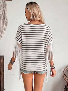 SHEIN LilyWest Kaos Wanita Motif Garis-Garis dengan Blok Warna dan Rumbai, Kasual, Serbaguna untuk Aktivitas Sehari-hari - MultiWarna - View 2