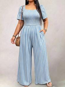 EMERY ROSE Plus Size Women's Striped Square Neck Short Sleeve Pocket Wide Leg Jumpsuit - Blue and White - View 5