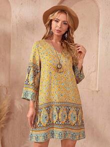 Rusticease Plus Size Patterned Midi Dress,Fall Women Clothes - Mustard Yellow - View 4