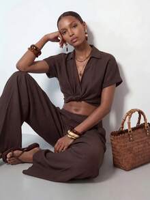Zivah Women's Vacation Casual Solid Color Twist Front Cropped Top And Long Pants 2pcs Set Beach Coffee Brown Summer - Rust Brown - View 7