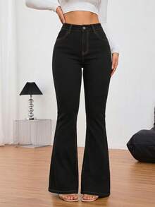 SHEIN Tall 女士高腰修身喇叭牛仔裤 - 黑色 - 查看 6