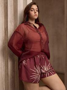 Flouryn Plus Size Elegant Commuter Solid Color Sheer Blouse & Floral Print Shorts 2-Piece Set Fall - Coffee Brown - View 6