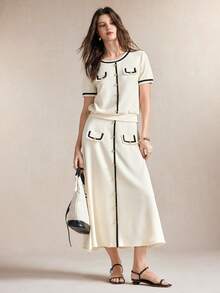 BizChic Short Sleeve Button Design Top And Skirt Set, Teachers' Day Style, French, Luxury Minimalist, Slimming, Elegant, Summer, Office, Black And Cream - White - View 4