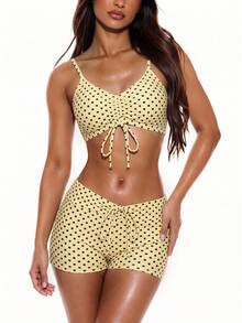 SHEIN Swim 女款夏季海灘波點印花前綁帶比基尼兩件套（隨機印花） - 黃色 - 查看 3