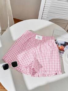 Comfortcana Conjunto de 3 piezas de shorts casuales holgados con lazos, volantes, apliques bordados y patchwork para mujer, estampado de parches - Multicolor - Ver 3