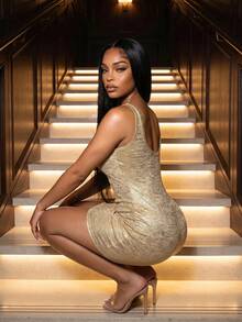 BamGleam Women's V-Neck Sleeveless Fitted Sequin Dress,Champagne Gold Sparkly Glitter Party Dresses,Elegant Night Out Summer 70s New Year's Eve Outfit - Gold - View 7