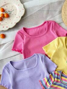 SHEIN 4pcs Baby Girl Casual Solid Color Knit Ruffle Trim Short Sleeve Top Set - Multicolor - View 3