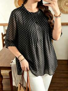Lacomfia White Polka Dot Pattern Black Plus Size Women's Top, Fashionable Round Neck Patchwork Ruffle Trim Mid-Length Sleeve Loose Blouse, Pleated Patchwork Button Design, Summer Vacation Style, Casual Wear - Multicolor - View 3