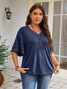 Rosumi Plus Size Women Summer Casual Vacation Daily Commute V-Neck Loose Flare Sleeve Plus Size T-Shirt - Navy Blue - View 1