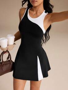 Courtclass Women's Sleeveless Tennis & Golf Athletic Dress - Color-Block Style With Built-In Shorts And Functional Pockets - Black and White - View 4