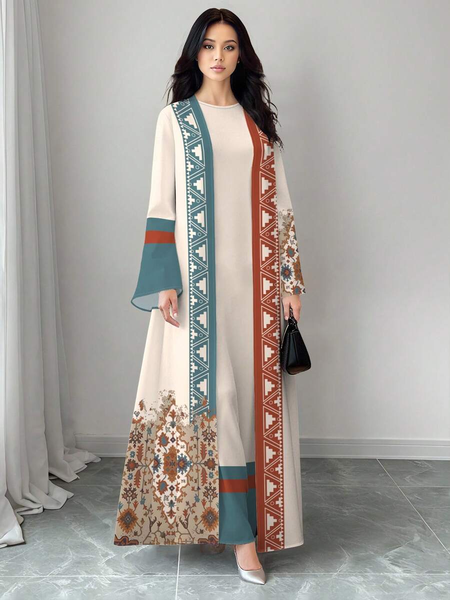 SHEIN Najma 复古印花优雅波西米亚风女装,春夏时尚圆领长款连衣裙及开衫两件套,阿拉伯风格 - 彩色 - 查看 1