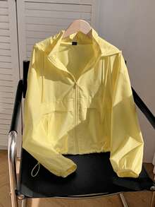 Comfortcana 1 pieza Chaqueta casual con capucha, de manga larga, con cremallera frontal, de unicolor, protectora contra el sol, ligera, para otoño/invierno - amarillo ganso - View 6