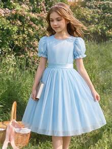 Girls' Blue Puff Sleeve Chiffon Dress, Lightweight And Soft, Suitable For Vacation, Graduation Ceremony, Back To School, Wedding Season, Various Ball Events, Formal Occasions - Blue - View 1