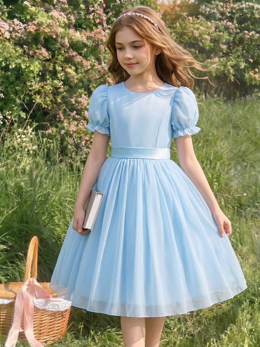 Girls' Blue Puff Sleeve Chiffon Dress, Lightweight And Soft, Suitable For Vacation, Graduation Ceremony, Back To School, Wedding Season, Various Ball Events, Formal Occasions - Blue - View 1