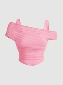 SHEIN MOD Summer Solid Color Mesh Transparent Off-Shoulder Apricot Tank Top - Pink - View 1