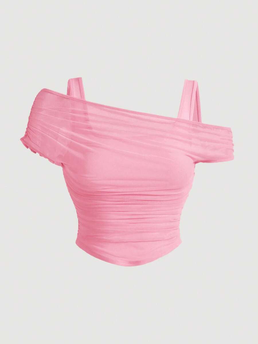 SHEIN MOD Summer Solid Color Mesh Transparent Off-Shoulder Apricot Tank Top - Pink - View 1